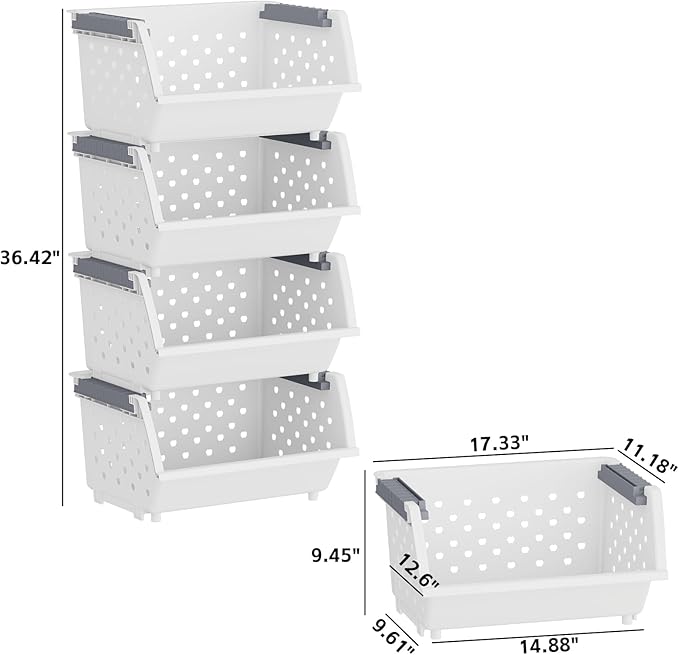 4-Pack Plastic Kitchen Stackable Storage Basket, Stacking Organizer Basket, White