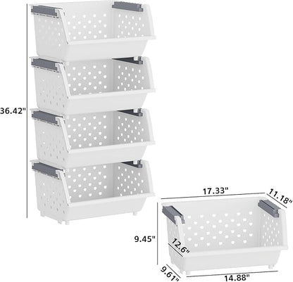 4-Pack Plastic Kitchen Stackable Storage Basket, Stacking Organizer Basket, White