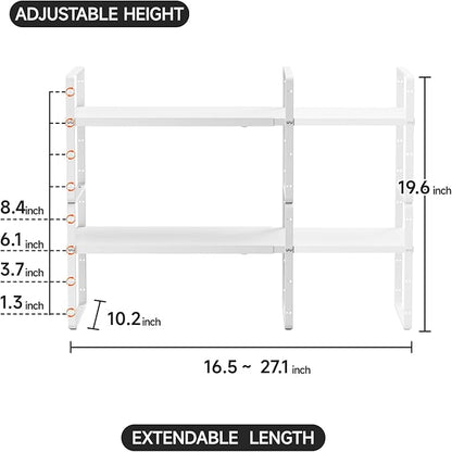 jkxoo 2Pack 16.5-27’’L Expandable Kitchen Shelf Organizer, Stackable Shelves Organizer, Adjustable Height Pantry Spice Rack for Cabinet, Countertop, Pantry and Cupboard, White