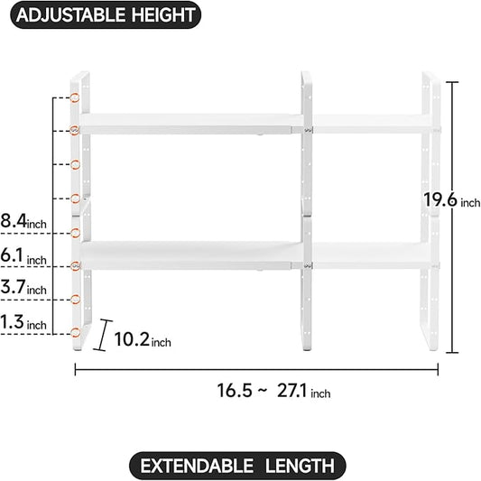 jkxoo 2Pack 16.5-27’’L Expandable Kitchen Shelf Organizer, Stackable Shelves Organizer, Adjustable Height Pantry Spice Rack for Cabinet, Countertop, Pantry and Cupboard, White