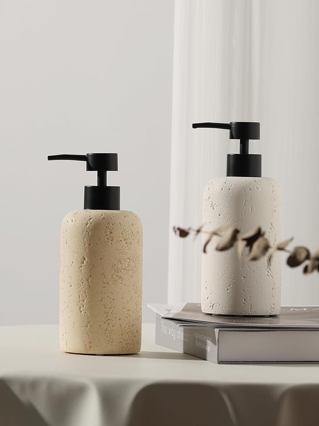 Haocoott Soap Dispensers 340ML 11OZ, 2PCS Luxurious Hand Dish Shampoo Lotion Soap Dispenser Jar, Travertine Soap Pump Bottles for Kitchen Bathroom Countertop (Faint Yellow)
