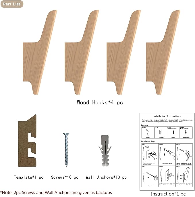 Wood Wall Hooks 4 Pack Coat Hooks Wall Mount Natural Wooden Hooks for Hanging Hat, Bag, Backpack, Rustic Coat Hooks for Wall, Wood Towel Hooks for Bathrooms and Entryway Hooks