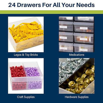 Akro-Mils 24-Drawer Plastic Storage Cabinet | 20" W x 6" D x 16" H | Black | Model 10124 | Garage Organization