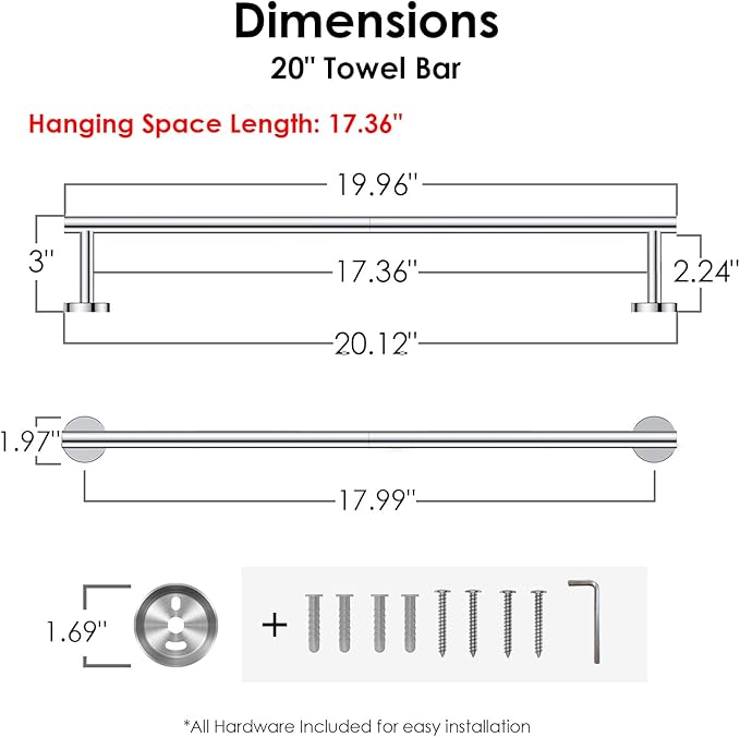 FORIOUS Towel Bar Wall Mounted, Stainless Steel Towel Racks for Bathroom, Includes Wall Mounting Hardware (Chrome, 20 Inch)