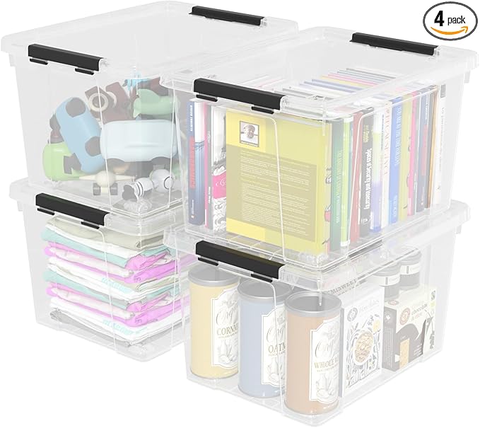 Neadas 40 Quart Plastic Storage Bin with Lid, Clear Storage Tote Bin, Pack of 4
