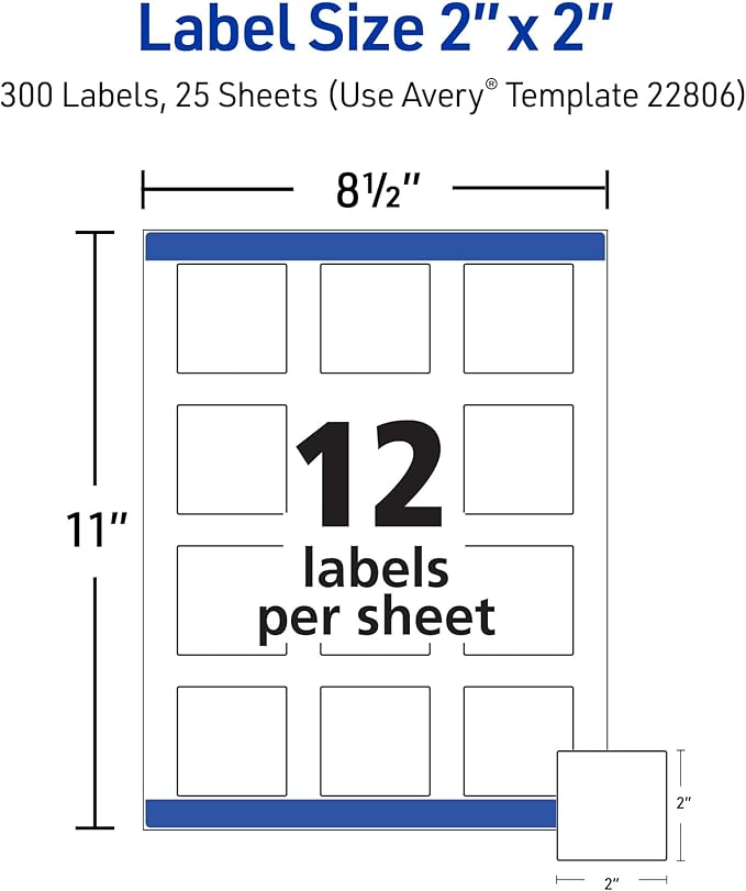 Avery Printable Square Labels, 2" x 2", Matte White, Laser & Inkjet Compatible, 300 Blank Labels per Pack, Great for High-Volume Branding, Packaging, Events, and More (5-Pack of 22806)