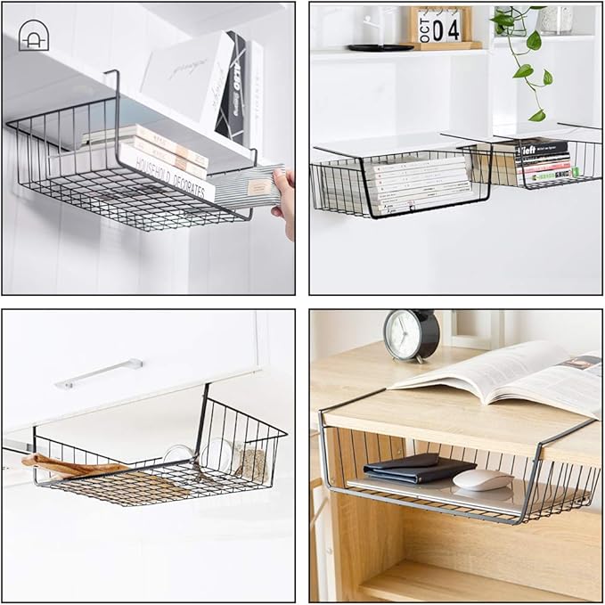 4 Pack Under Shelf Basket, Under Cabinet Organizer Shelf, Durable Metal Wire Rack Hanging Basket Storage Rack, Shelf Organizing for Kitchen/Pantry/Bathroom/Desk-Slide Arms Height:1.45in(Black)