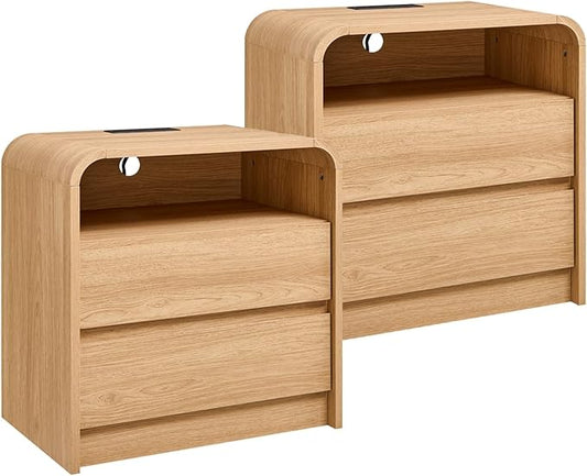 Aitjunz 25" Tall Modern Nightstand Set of 2, 23.6'' Wide Wood Bedside Table w/2 Storage Drawers, Charging Station, Mid Century End Table for Bedroom, Living Room,Curved Profile Design, Natural Oak | Modern, Set of 2, Bedside Table, 2 Storage Drawers, C...