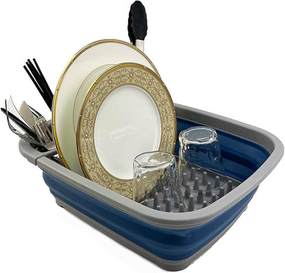 SAMMART 8L (2.11Gallons) Collapsible Plastic Dish Drainer - Foldable Drying Rack - Portable Dinnerware Organizer - Space Saving Kitchen Utensil Storage Tray (Grey/Mist Blue)