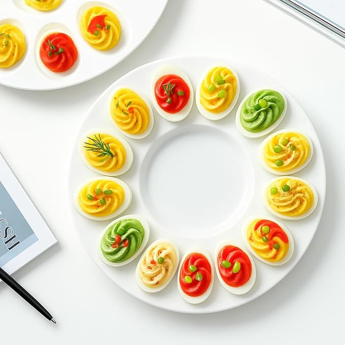 echomerx 10" White Ceramic Deviled Egg Serving Platters - 2 Round Ceramic Dishes, Trays Holds 12 Eggs ea. - Ideal for Easter Christmas Entertaining - 2-Pack