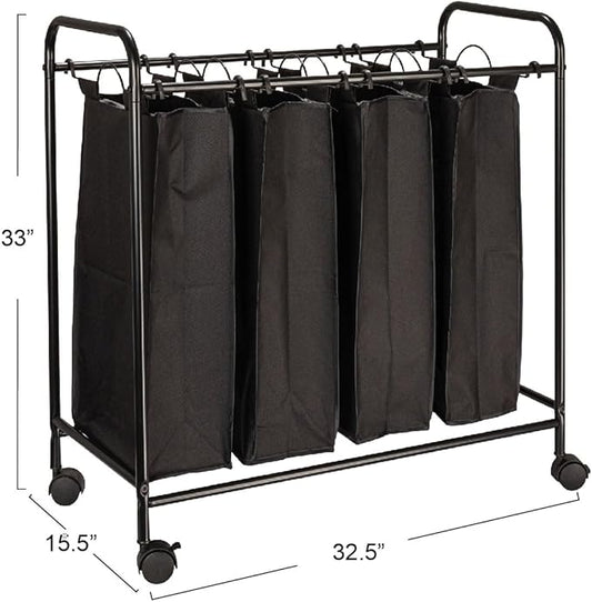 Household Essentials Rolling Laundry Sorter, 4 Bag Laundry Sorter Cart with Washable and Removable Bags, Black