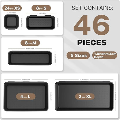 A-LuGei 【𝟰𝟲𝗣𝗖𝗦 & 5 Size】 Tool Box Organizer Tray Divider Set, 【Black】 Bathroom Drawer Organizer Bin, Garage Organization and Storage Toolbox Rolling Tool Chest Cart Cabinet WorkBench Small Part