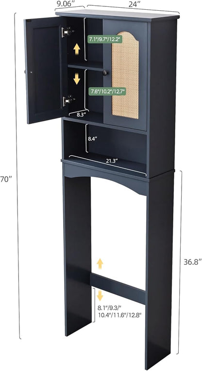 OONNEE Over The Toilet Storage Cabinet, Above Toilet Organizer with 2 Rattan Doors, Modern Blue Finish, 24x70 inch Space Saving Freestanding Bathroom Cabinet