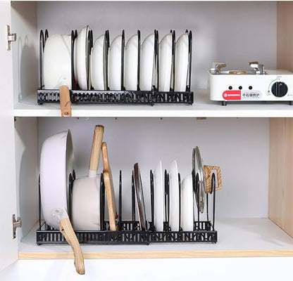 MAKIOTEKO Pots and Pans Organizer Under Cabinet, 10 Compartments Expandable Pot Lid Organizer Holder Rack for under Cabinet for Pots Cutting Board Cookware