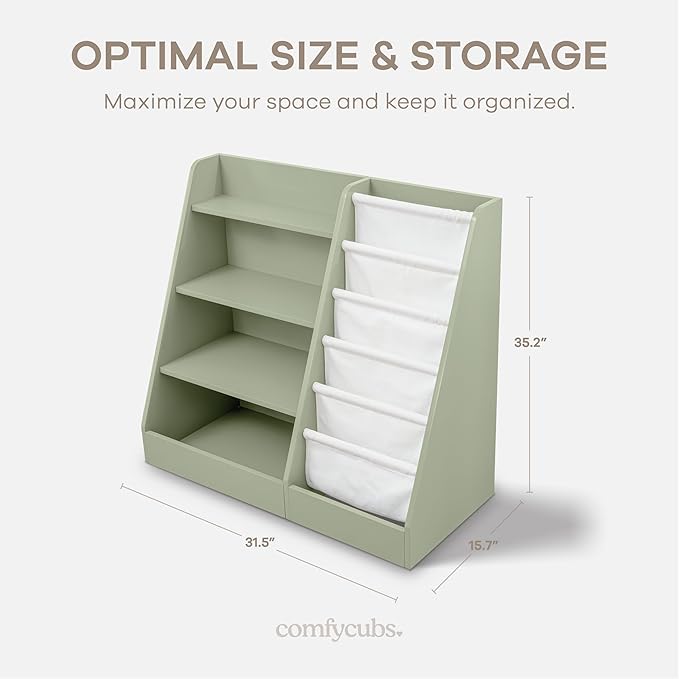 Comfy Cubs Kids Bookshelf 35.2 x 15.7 x 31.5 Inches - Sturdy MDF Montessori Book Shelf with Soft & Hard Shelves for Toys & Books - Child-Friendly, Easy Access Storage Organizer for Kids - Sage