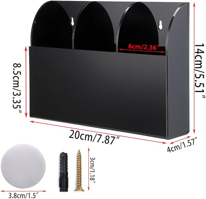 Hipiwe Wall Mount Remote Control Holder Clear Acrylic Media Organizer Storage Box Coffee Table and Nightstand Convenient Remote Control Caddy (Three Compartments Black)