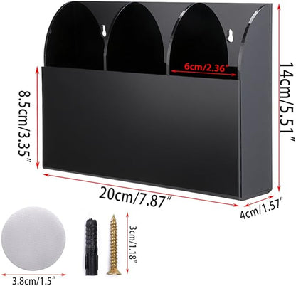 Hipiwe Wall Mount Remote Control Holder Clear Acrylic Media Organizer Storage Box Coffee Table and Nightstand Convenient Remote Control Caddy (Three Compartments Black)
