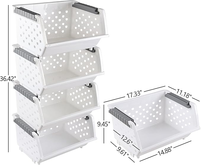 4-Pack Plastic Stackable Storage Baskets, Open Front Kitchen Organizer Basket Bin, White, F