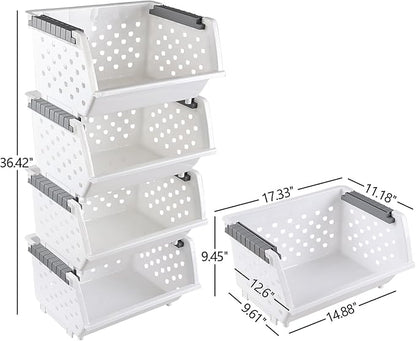 4-Pack Plastic Stackable Storage Baskets, Open Front Kitchen Organizer Basket Bin, White, F
