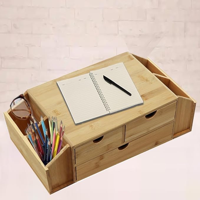 Bamboo Desk Organizer with Drawers, 2 Tier Wooden Desktop Organizer, Original Bamboo Desktop, Monitor Stands，for Office School Home Toiletries Supplies Vanity.