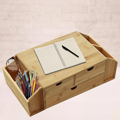 Bamboo Desk Organizer with Drawers, 2 Tier Wooden Desktop Organizer, Original Bamboo Desktop, Monitor Stands，for Office School Home Toiletries Supplies Vanity.