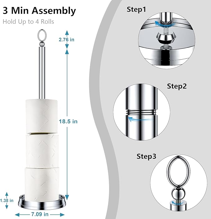 Heavy Weighted Toilet Paper Holder (with Reserve Function) Free Standing Toilet Paper Storage，Spare Toilet Paper Roll Holder Storage Stand for Bathroom Total Height 22.5" ，Chrome