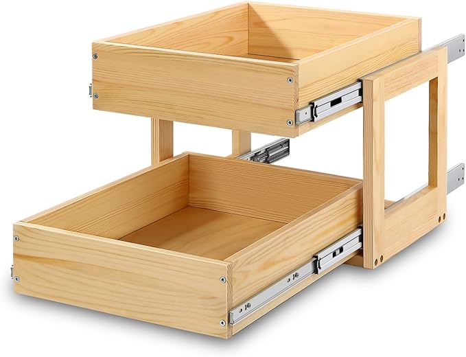 Pull Out Cabinet Organizer, 14''W×21''D×16''H Soft Close Slide Out Wood Drawer Shelves Storage for Kitchen, 2-Tier, Finished, Heavy-Duty, Bottom Assembly