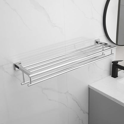 Bathroom Towel Rack with Double Towel Bar 32 Inch Bathroom Hotel Shower Shelf SUS304 Stainless Steel Modern Wall Mounted Holder Polished Chrome