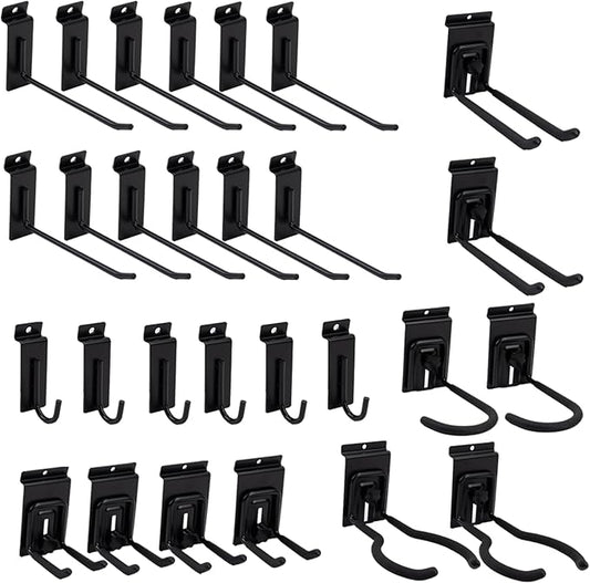 Slat Wall Accessories 28 PCS Garage Hooks Heavy Duty Slatwall Panel Hook Locking Bike Hook for Slat Wall Hooks for Hanging Ladder Storage System Black Accessory for Power Tools Organizer