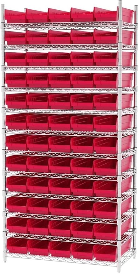 Akro-Mils 30138 Plastic Shelf Bins, Heavy Duty Storage Bins for Garage, Closet, and Drawer Organization, 18-Inch x 6-1/2-Inch x 4-Inch, Red, 12-Pack
