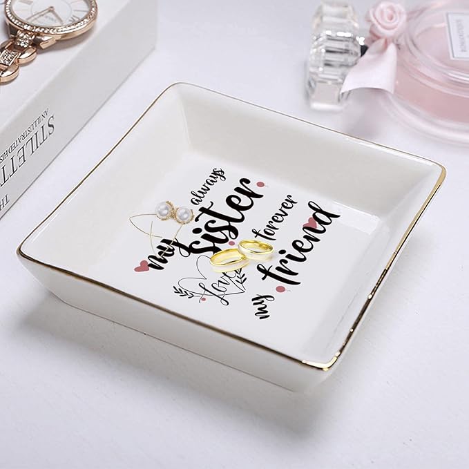 Tijeyi Sisters Gifts from Sister in Law Happy Birthday Gift for Women Funny Big Brother Little Ceramic Small Jewelry Dish Unique Trinket Tray Best Ring Plates Always My Sister, Forever My Friend