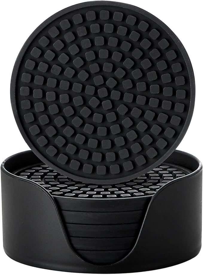 Colinda Silicone Drink Coasters with Holder, Set of 6, Outdoor Cup Mat for Hot or Cold Drinks, Thickened, Non-Slip,Non-Stick, Black
