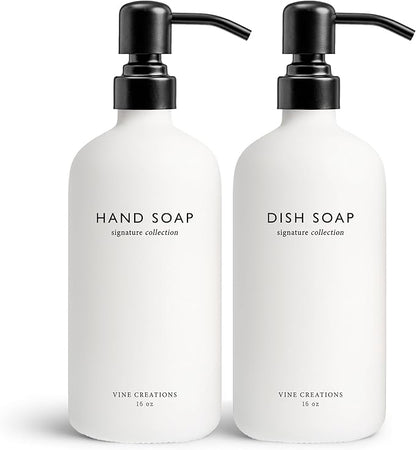 Vine Creations White Glass Soap Dispenser Set, Dish Soap and Hand Soap Dispenser Set with Stainless Steel Pump, 16 oz Glass Dispensers for Kitchen or Bathroom Decor (Matte White Bottle/Matte Black)