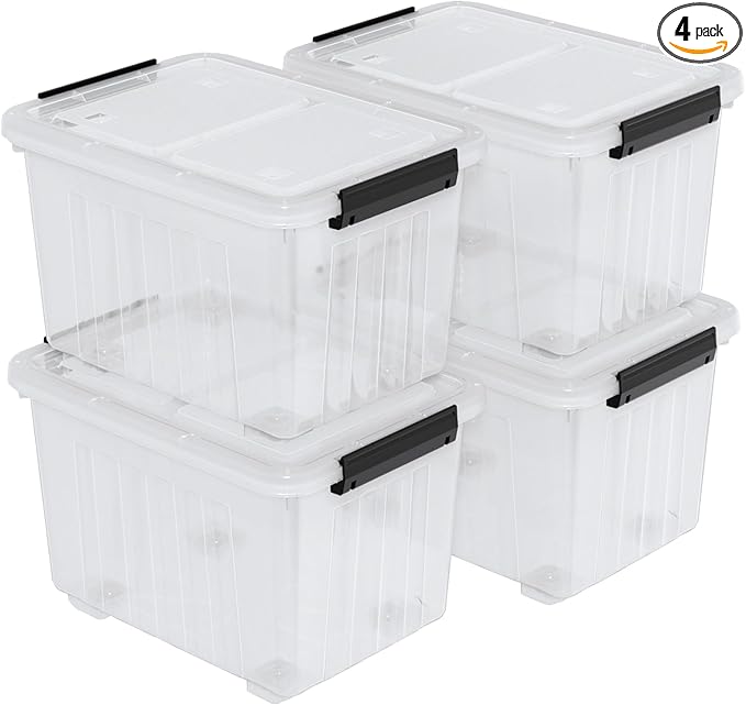 Qqbine 50 Quart Large Plastic Latching Box with Lid, Clear Storage Bin with Wheels, Stackable, 4 Packs