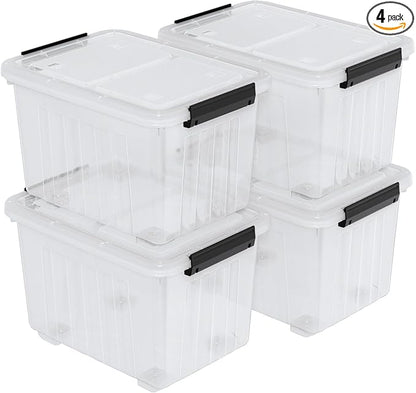 Qqbine 50 Quart Large Plastic Latching Box with Lid, Clear Storage Bin with Wheels, Stackable, 4 Packs