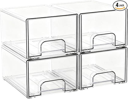 Stowgo Acrylic Drawers Stackable Organizers, 4 Pack Clear Storage Bins for Bathroom Vanity & Countertop, Non-Slip Container for Makeup, Skincare, Hair Accessories & Toiletries