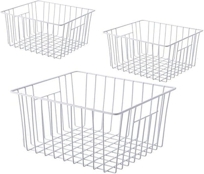 Upright Freezer Organizer Bins， Freezer Baskets for 14, 15 cu.ft Standup Freezer, Wire Storage Bins with Built-in Handles for Frozen Foods, Snacks, Vegetables, Fruits and More, 3Pcs , White