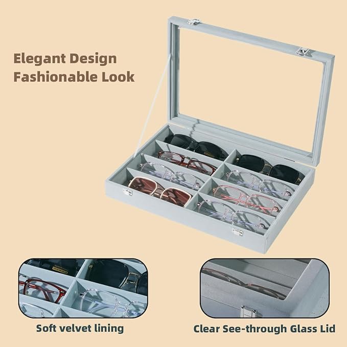 XHMQYC Glasses Holder Box Drawer Sunglass Organizer for Men Clear Wide Storage Case 8 Slots Multiple Reading Glasses Display, Gray Velvet With Clear Glass Lid