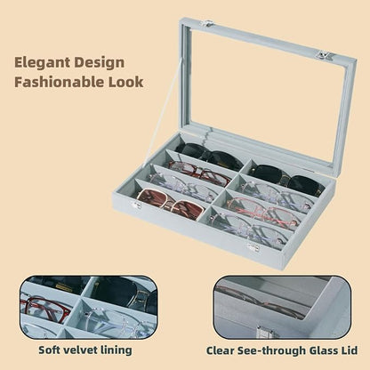 XHMQYC Glasses Holder Box Drawer Sunglass Organizer for Men Clear Wide Storage Case 8 Slots Multiple Reading Glasses Display, Gray Velvet With Clear Glass Lid