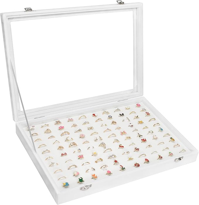 Rings Organizer Tray 100 Slot Velvet Ring Earring Storage Box TranSparent Cover Jewelry Store Ring Display Box Jewelry Display Cabinet for Girl Wife Mother