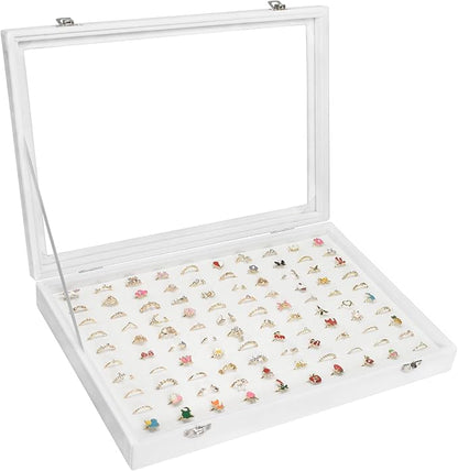 Rings Organizer Tray 100 Slot Velvet Ring Earring Storage Box TranSparent Cover Jewelry Store Ring Display Box Jewelry Display Cabinet for Girl Wife Mother