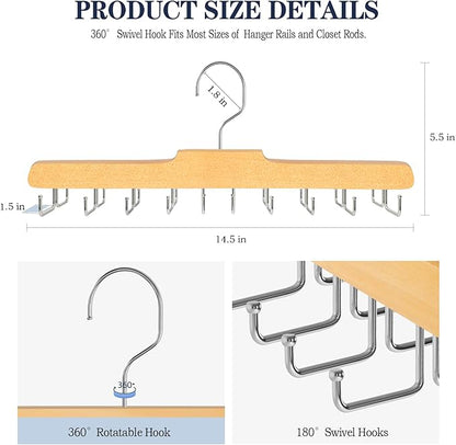 2PC Tie Rack Hanger for Closet Fitnice Upgraded Non Slip Tie Holder Organizer Space Saving with 20 Foldable Hooks Wooden Belt Hanger for Tank Tops Bras Cami Scarves