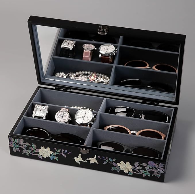 Antique Alive Mother of Pearl Wood Sunglasses Box Eyeglasses Valet Display Storage Case for Glasses Jewelry Trinkets Accessory Organizer (Peacock Black)