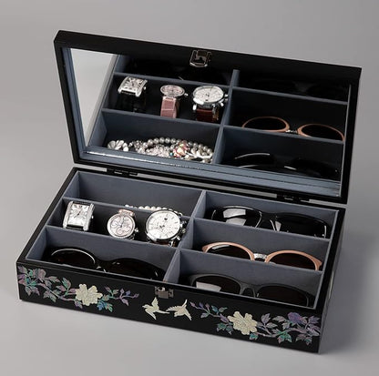 Antique Alive Mother of Pearl Wood Sunglasses Box Eyeglasses Valet Display Storage Case for Glasses Jewelry Trinkets Accessory Organizer (Peacock Black)