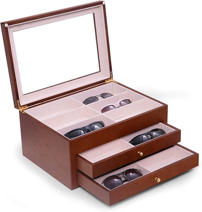 Bey-Berk Luxury Designer 18 Eyeglass and Sunglass Storage Box in Real Wood, Extra Large Slots, Soft Velour Lining, Dresser Organizer