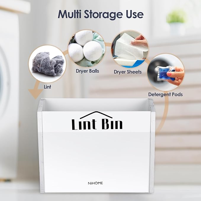 NiHome Magnetic Lint Bin for Laundry Room Storage Organization & Decor with Lint Brush, Wall Mounted Dryer Lint Box Holder Made of Metal & Pine, Lint Trash Can Lint Basket for Dryer, White