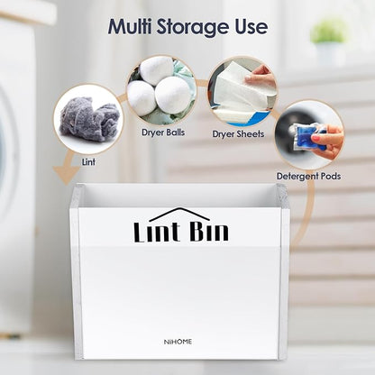 NiHome Magnetic Lint Bin for Laundry Room Storage Organization & Decor with Lint Brush, Wall Mounted Dryer Lint Box Holder Made of Metal & Pine, Lint Trash Can Lint Basket for Dryer, White