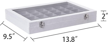Frebeauty Velvet Jewelry Tray,35 Grid Jewelry Organizer with Clear Lid,Earring Holder Organizer Case with Clasp,Drawer Insert for Rings Studs,13.8 x 9.5 x 2 Inches,Gift for Women Girls(White)