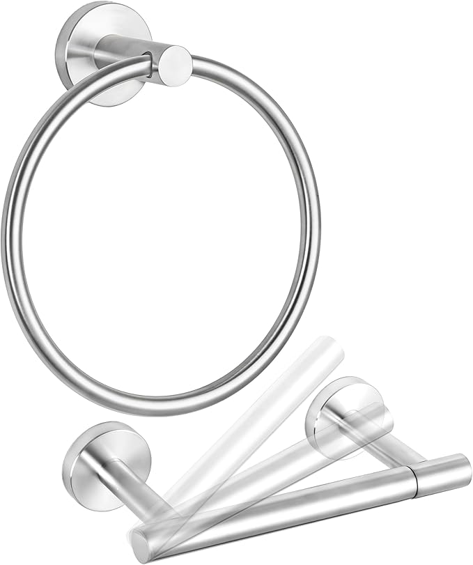 CozyTower Brushed Steel Quick Reload Toilet Paper Holder Wall Mount, SUS304 Stainless Steel Double Post Pivoting Tissue Roll Holder and Hand Towel Holder Ring Bathroom Hardware Accessories Set