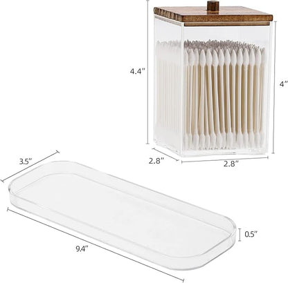Tbestmax 12 OZ Cotton Swab/Ball/Pad Holder, Qtip Apothecary Jar, Clear Bathroom Containers Dispenser for Storage 4 Pack Black Wood Lids